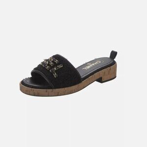 CHANEL Black Cork Tweed Leather Gold Chain Open Toe Mule Slides Sandals Size 6
